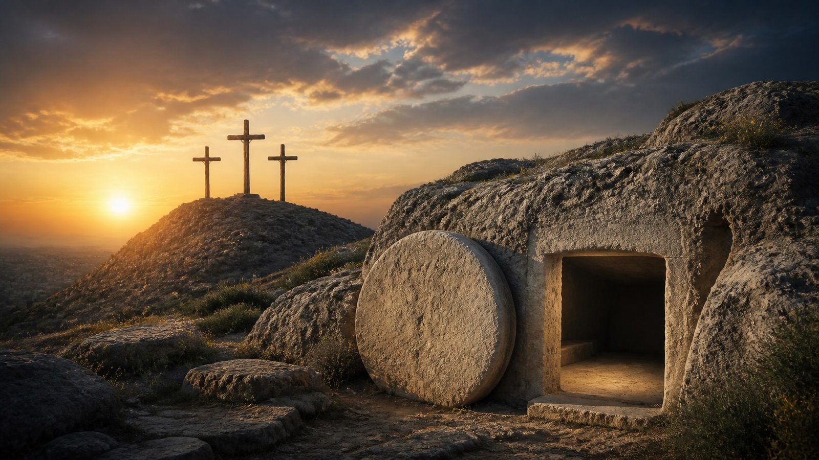 Three empty crosses on Golgotha at dawn beside an open rock-cut tomb with its stone rolled away